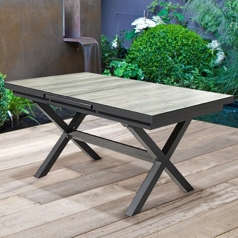 HMR - Mid Century Modern Rectangle 6 Person Extendable Outdoor Patio Dining Table Gray & Black
