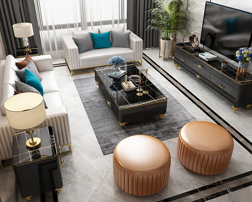 HMR Chift 51" Modern Marble Coffee Table & Storage Drawers Gold Stainless Steel Legs - Black