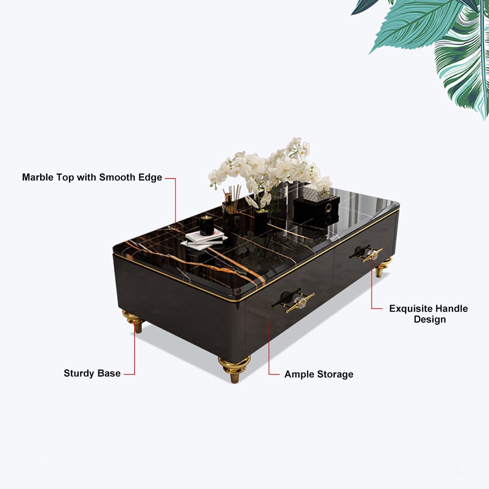 HMR Chift 51" Modern Marble Coffee Table & Storage Drawers Gold Stainless Steel Legs - Black