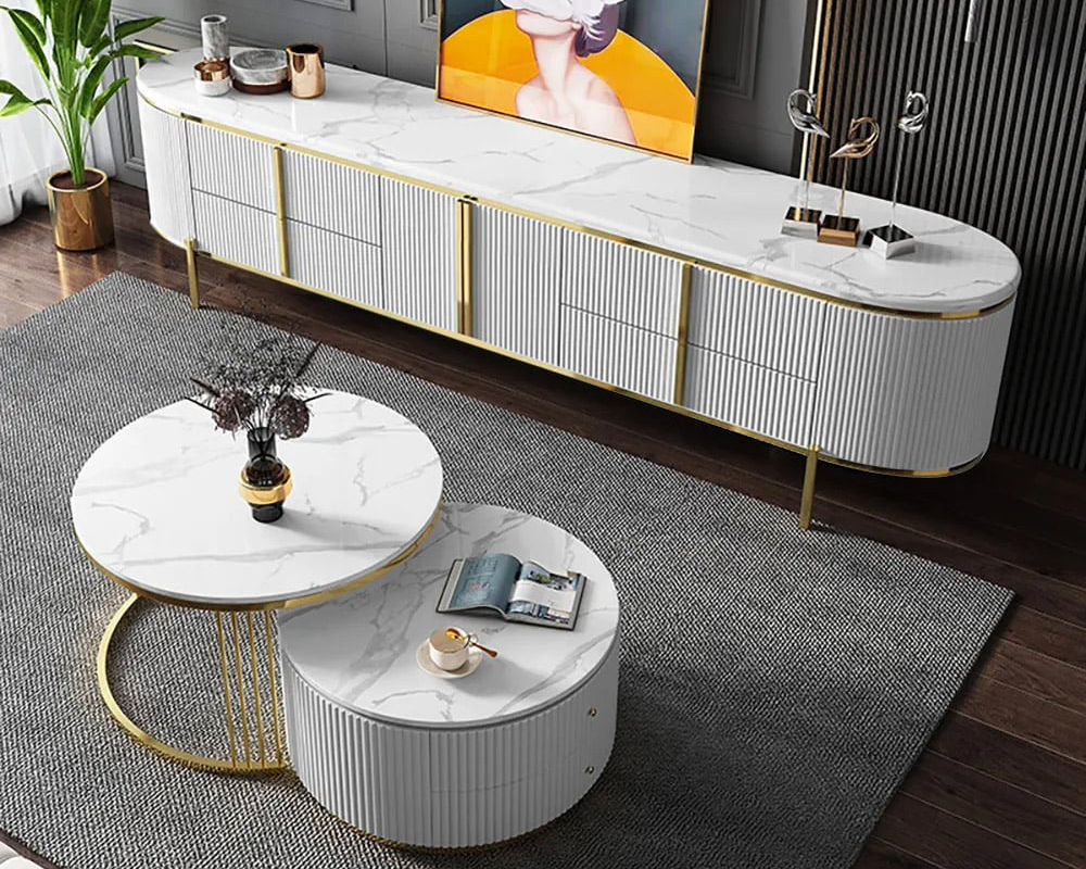 HMR Gline Series Modern Oval 78" TV Stand with Drawers & Storage - White