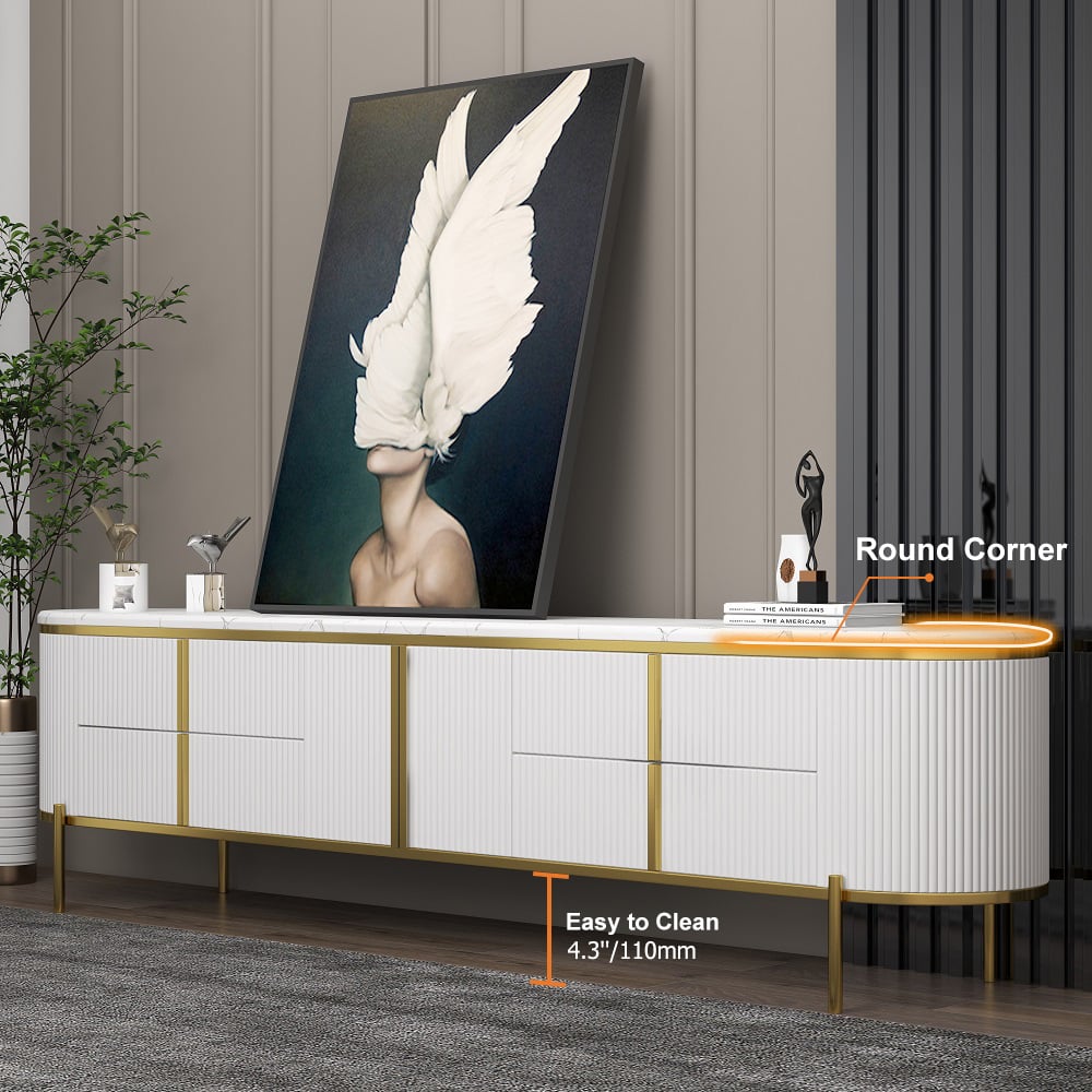 HMR Gline Series Modern Oval 78" TV Stand with Drawers & Storage - White