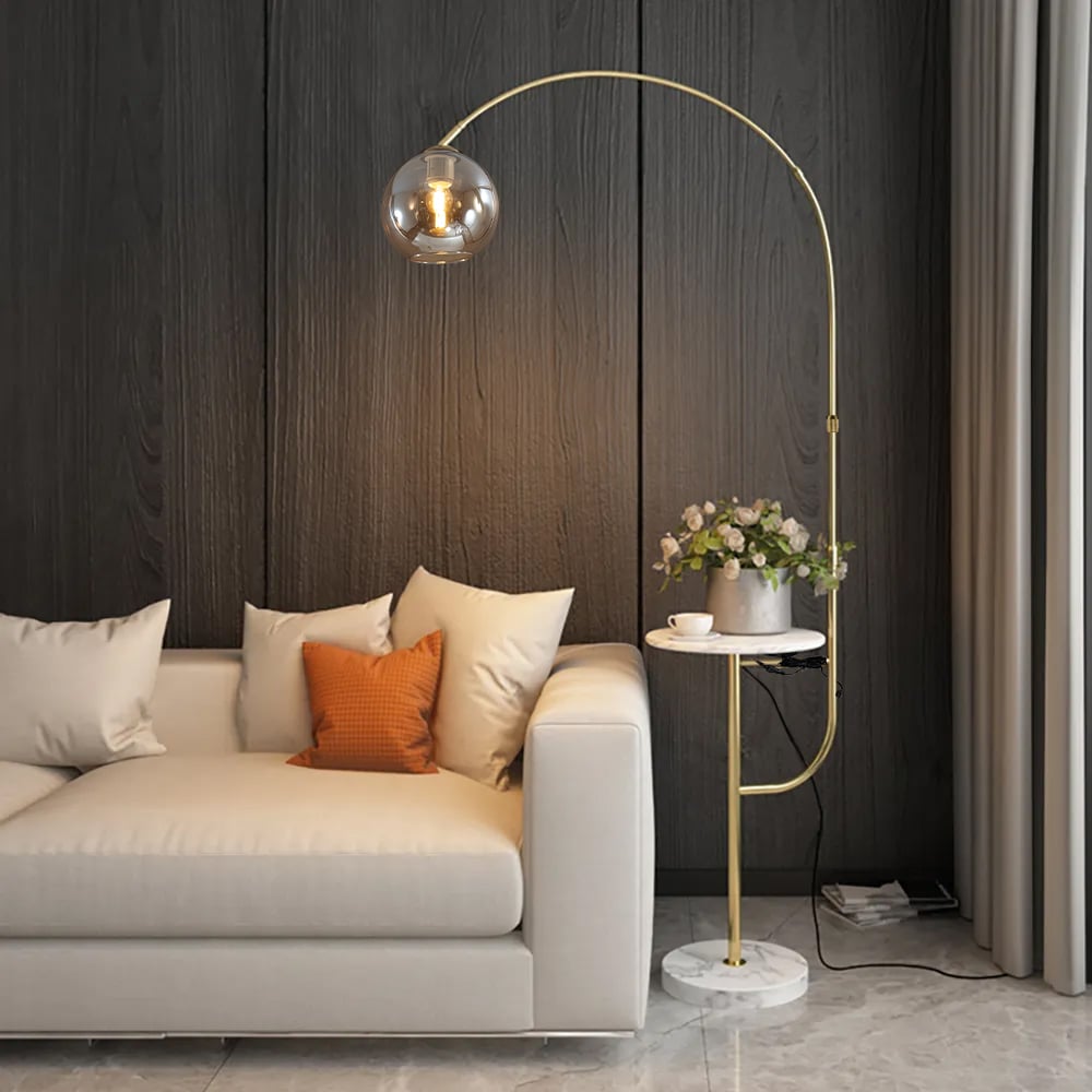 HMR - Modern Arc Floor Lamp with Shelf & Wireless Charger & USB Charging Port