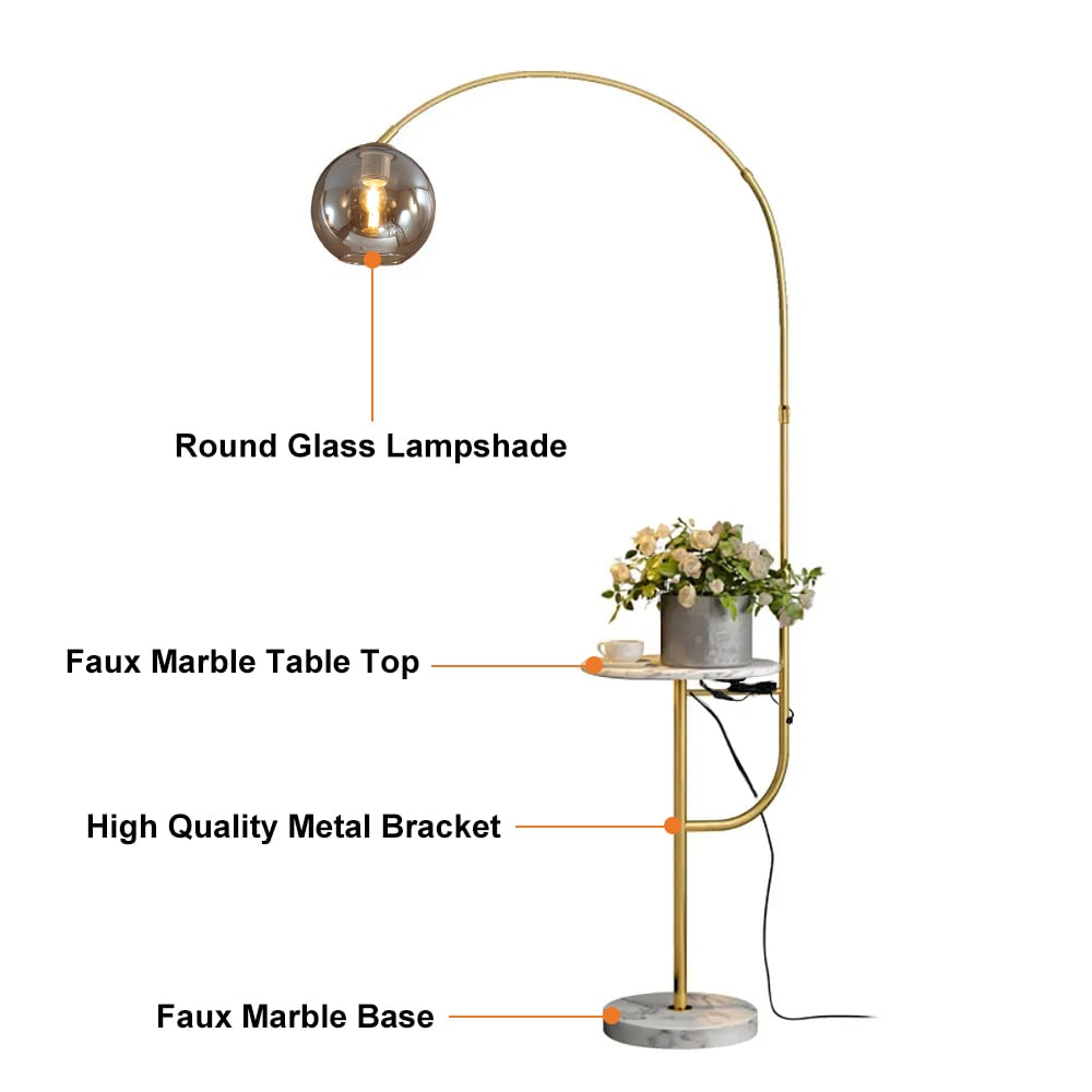 HMR - Modern Arc Floor Lamp with Shelf & Wireless Charger & USB Charging Port