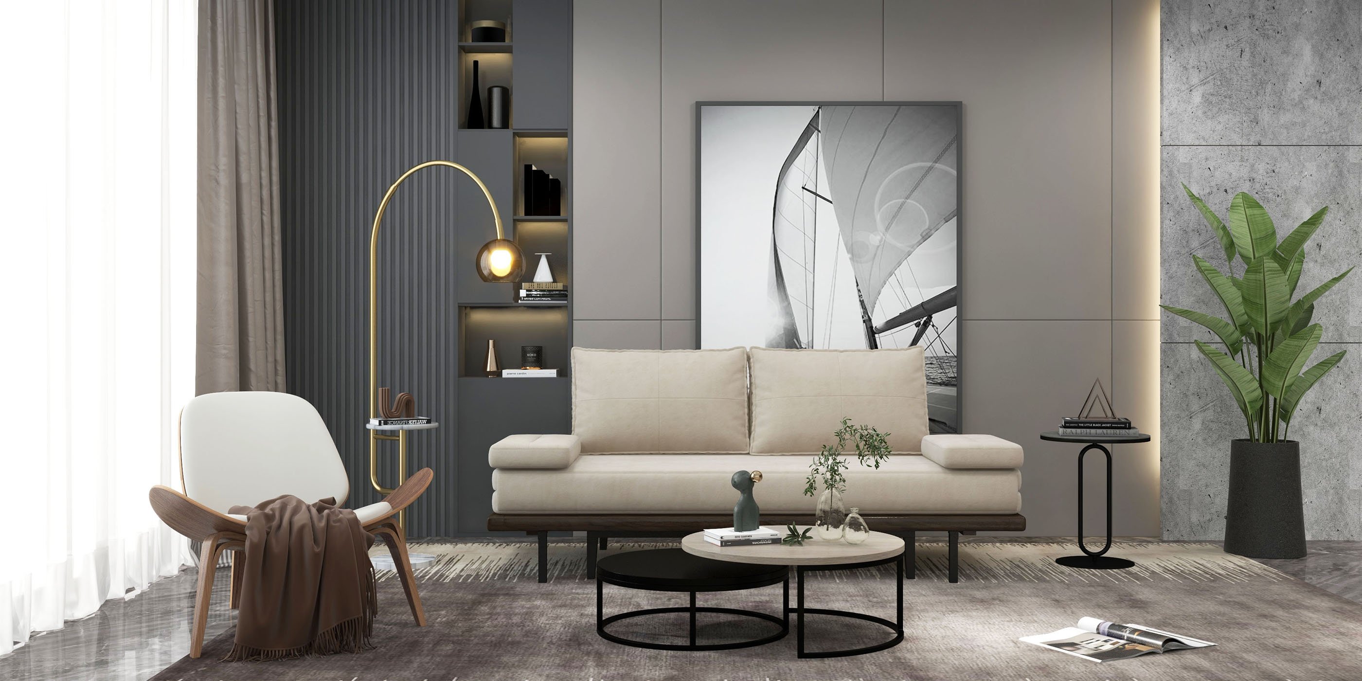 HMR - Modern Arc Floor Lamp with Shelf & Wireless Charger & USB Charging Port