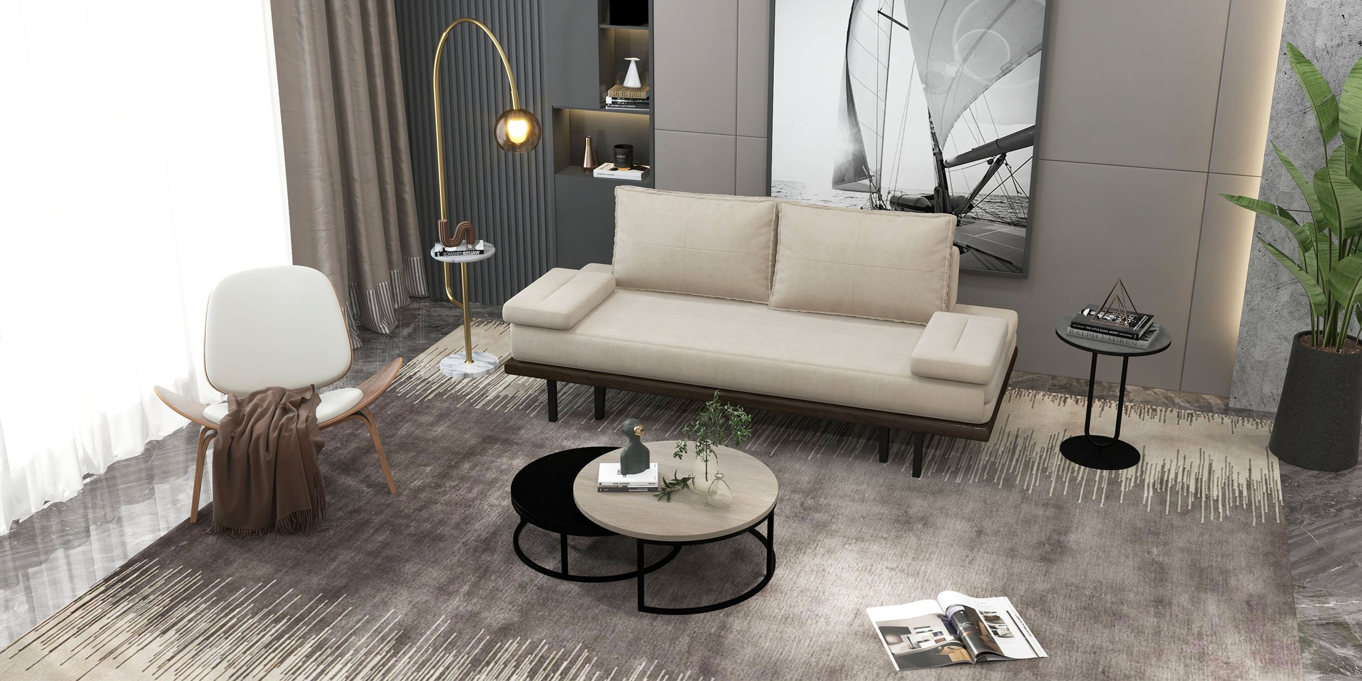 HMR - Modern Arc Floor Lamp with Shelf & Wireless Charger & USB Charging Port