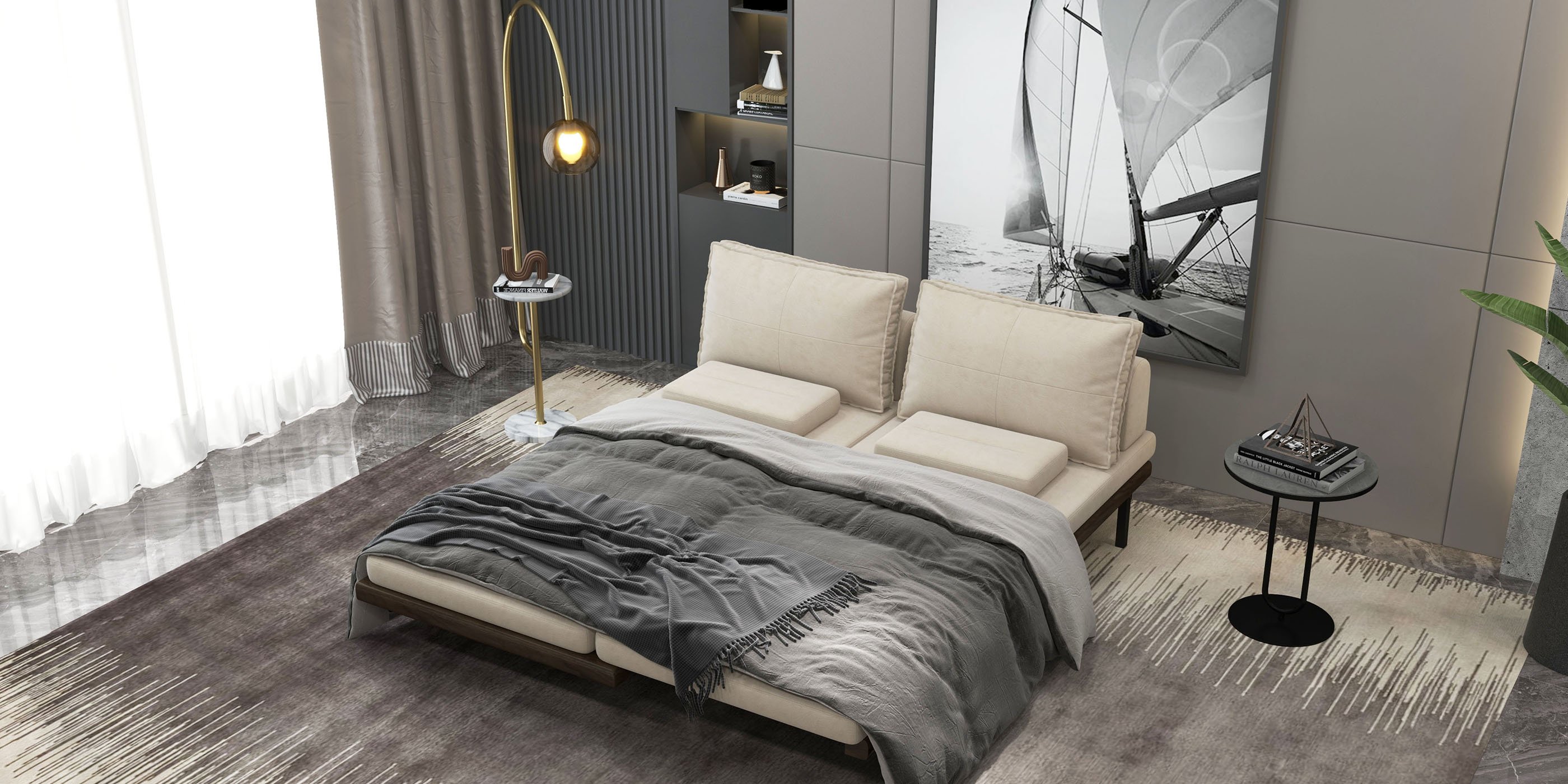 HMR - Modern Arc Floor Lamp with Shelf & Wireless Charger & USB Charging Port