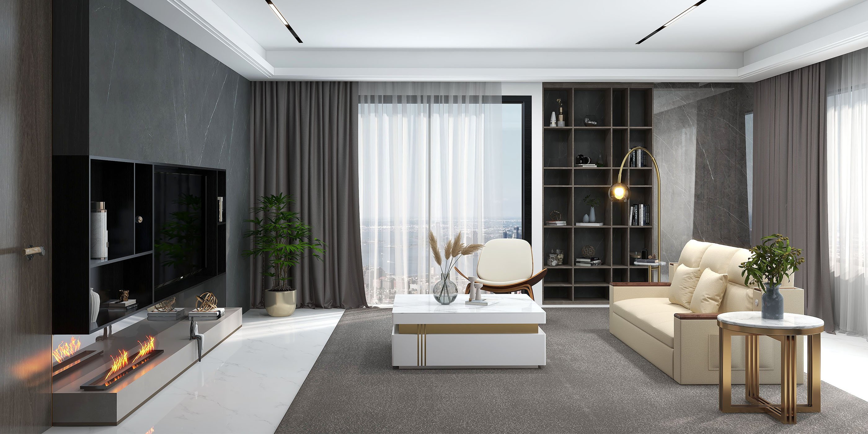 HMR - Modern Arc Floor Lamp with Shelf & Wireless Charger & USB Charging Port