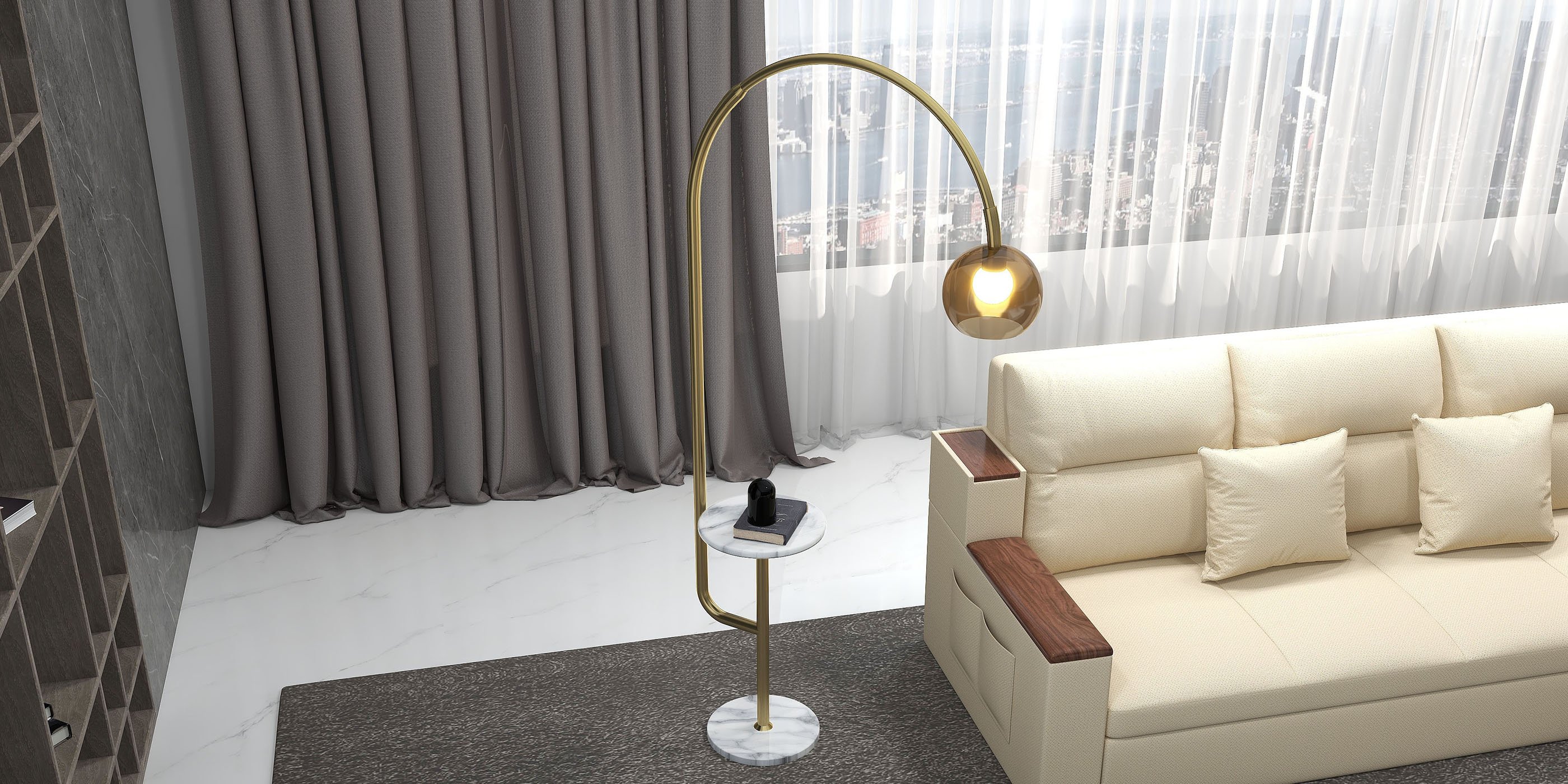 HMR - Modern Arc Floor Lamp with Shelf & Wireless Charger & USB Charging Port
