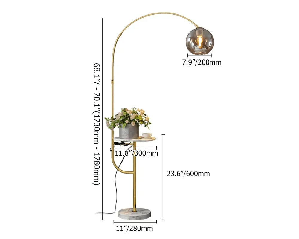HMR - Modern Arc Floor Lamp with Shelf & Wireless Charger & USB Charging Port