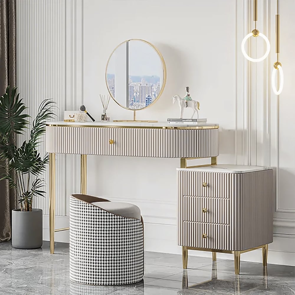 HMR - Champagne Faux Marble Top Makeup Vanity Set with 1 Stool & 1 Cabinet & 1 Mirror