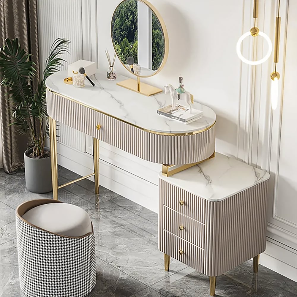 HMR - Champagne Faux Marble Top Makeup Vanity Set with 1 Stool & 1 Cabinet & 1 Mirror