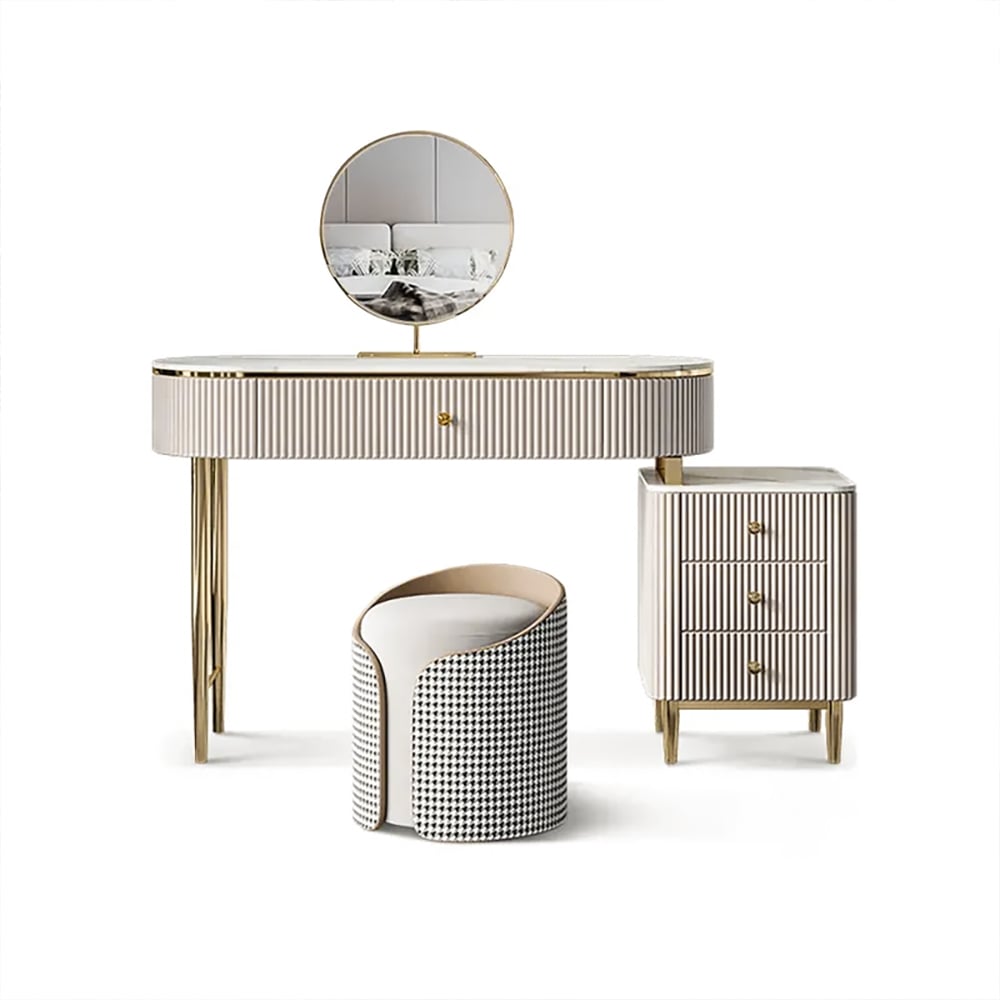 HMR - Champagne Faux Marble Top Makeup Vanity Set with 1 Stool & 1 Cabinet & 1 Mirror
