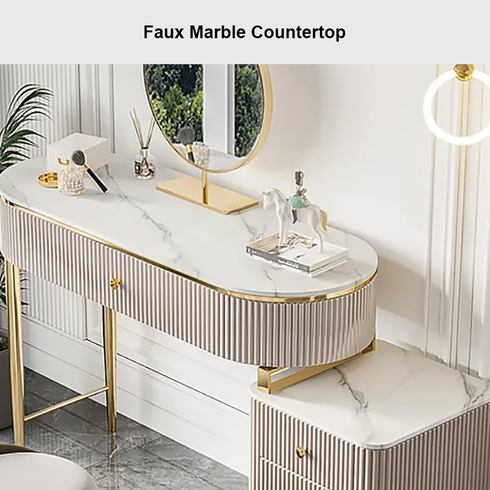 HMR - Champagne Faux Marble Top Makeup Vanity Set with 1 Stool & 1 Cabinet & 1 Mirror