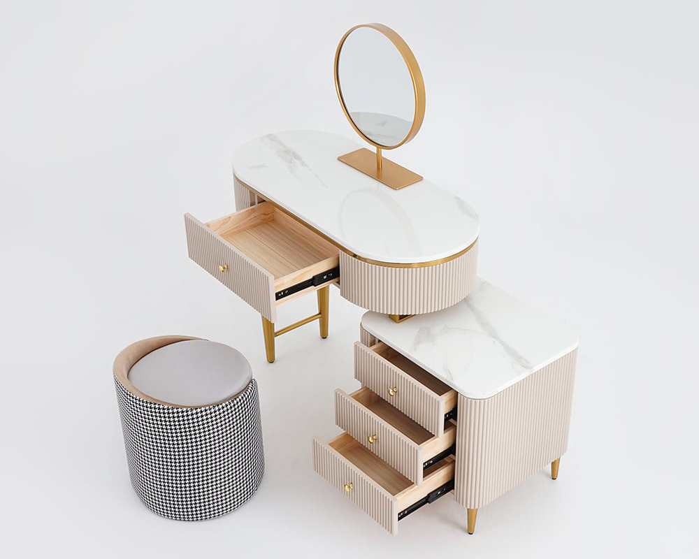 HMR - Champagne Faux Marble Top Makeup Vanity Set with 1 Stool & 1 Cabinet & 1 Mirror