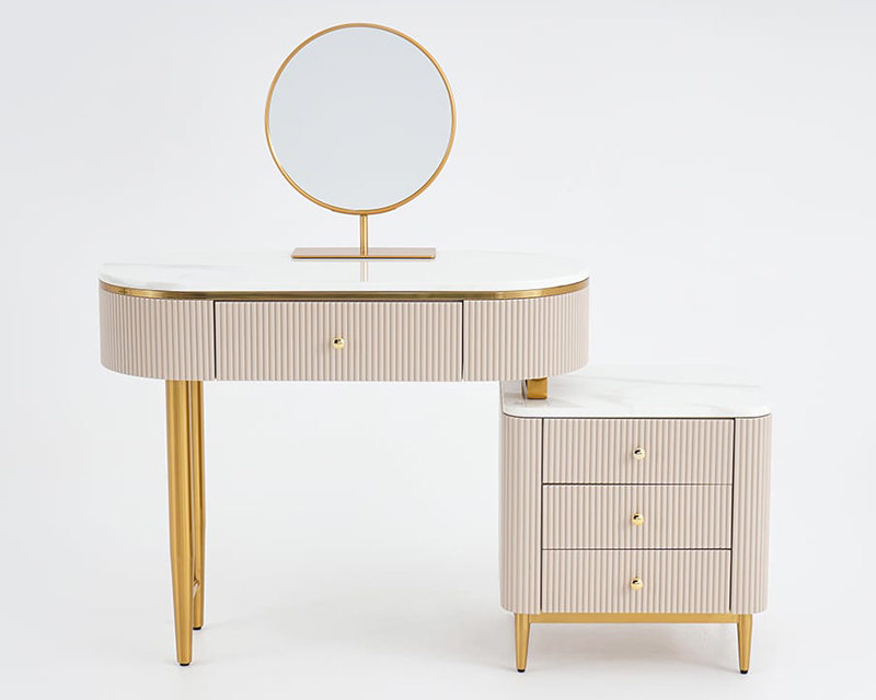 HMR - Champagne Faux Marble Top Makeup Vanity Set with 1 Stool & 1 Cabinet & 1 Mirror
