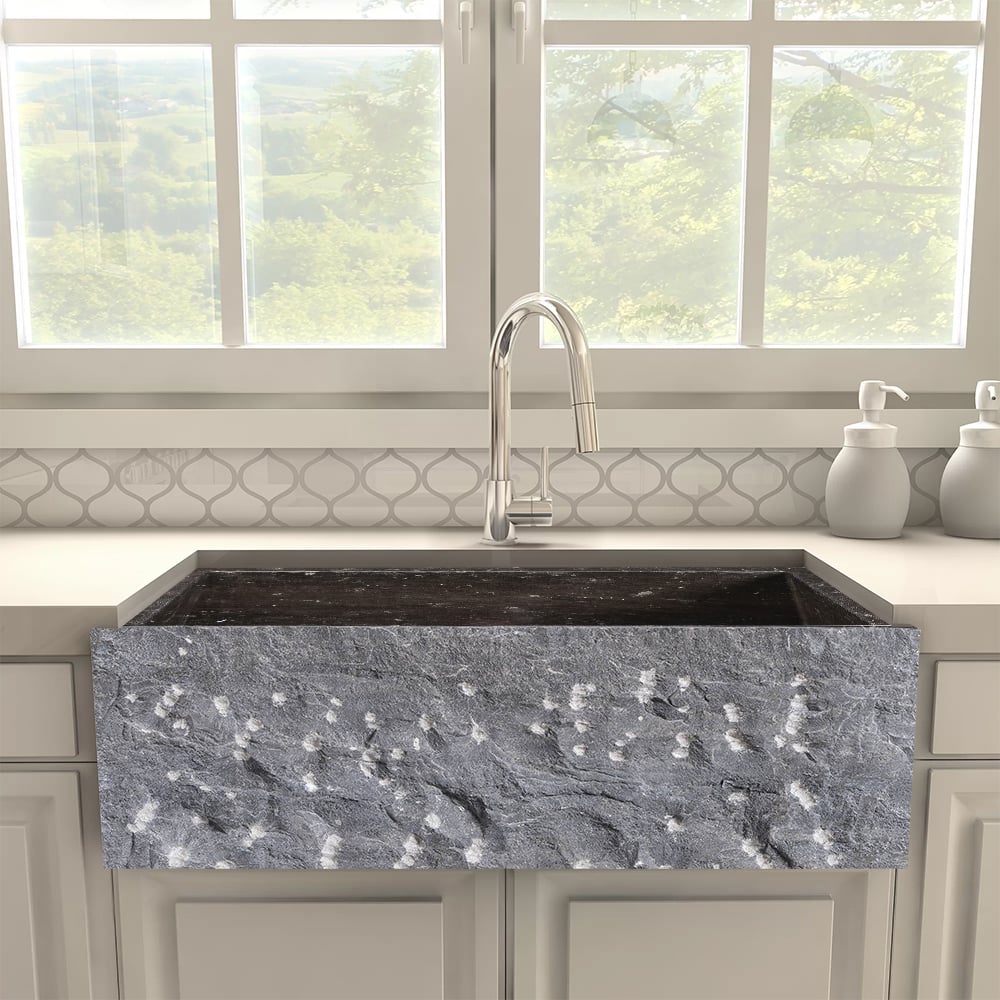 HMR - 33" Farmhouse Black Kitchen Sink Natural Stone Single Large Sink with Drain