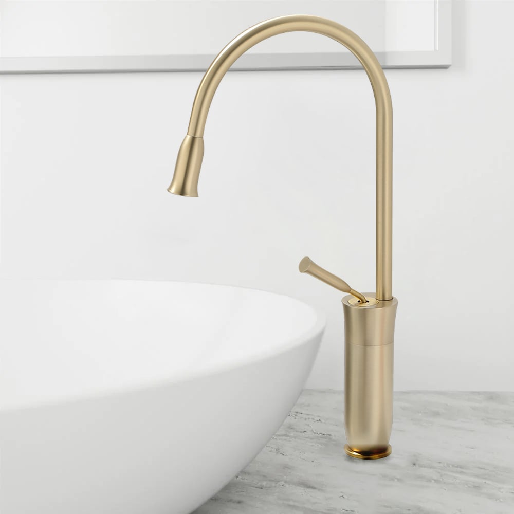 HMR - Tront Single Hole Bathroom Vessel Sink Faucet Solid Brass in Brushed Gold