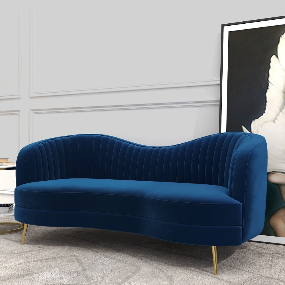 HMR - 72" Florie Luxury Vertical Channel Tufted Curved Performance Velvet Sofa in Blue