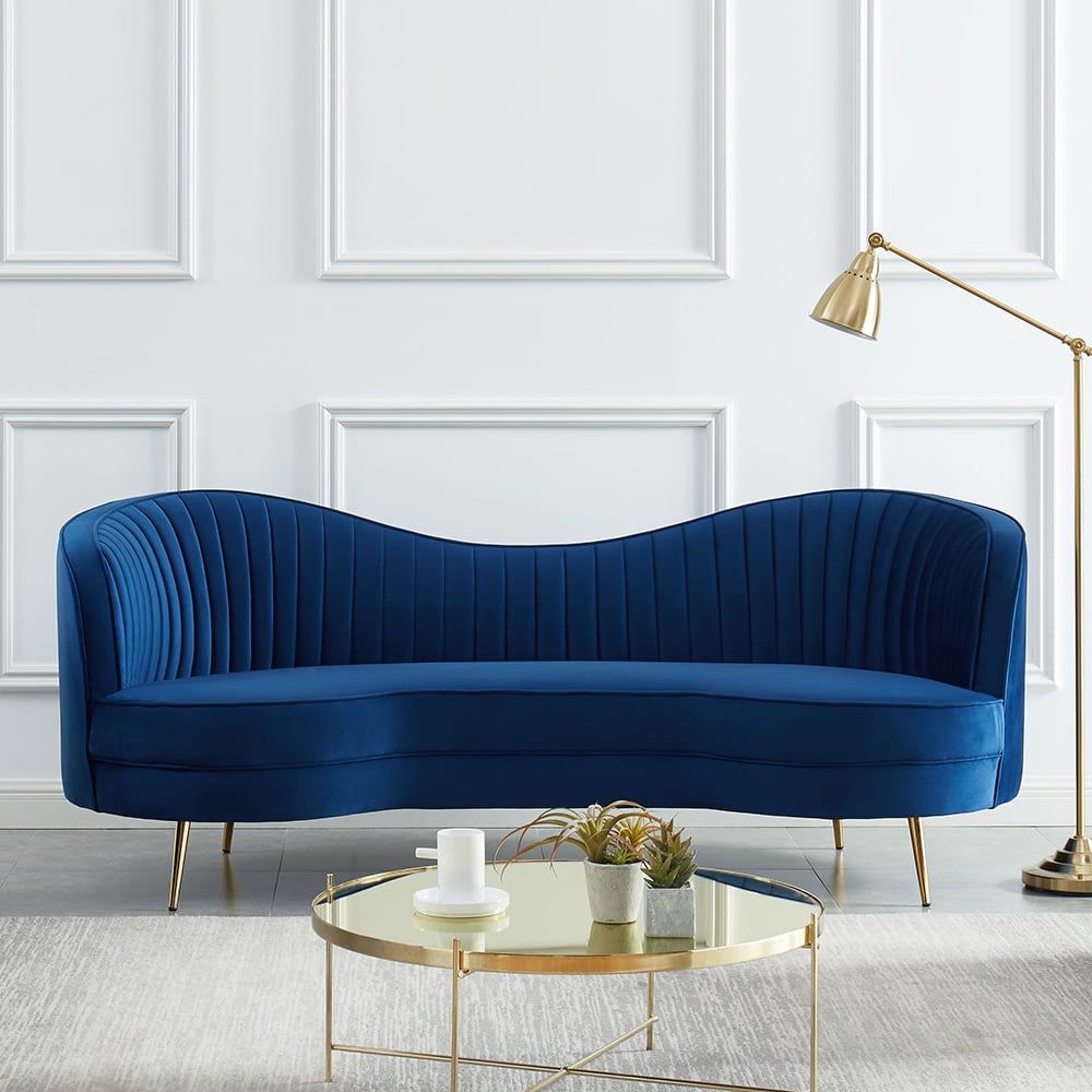 HMR - 72" Florie Luxury Vertical Channel Tufted Curved Performance Velvet Sofa in Blue