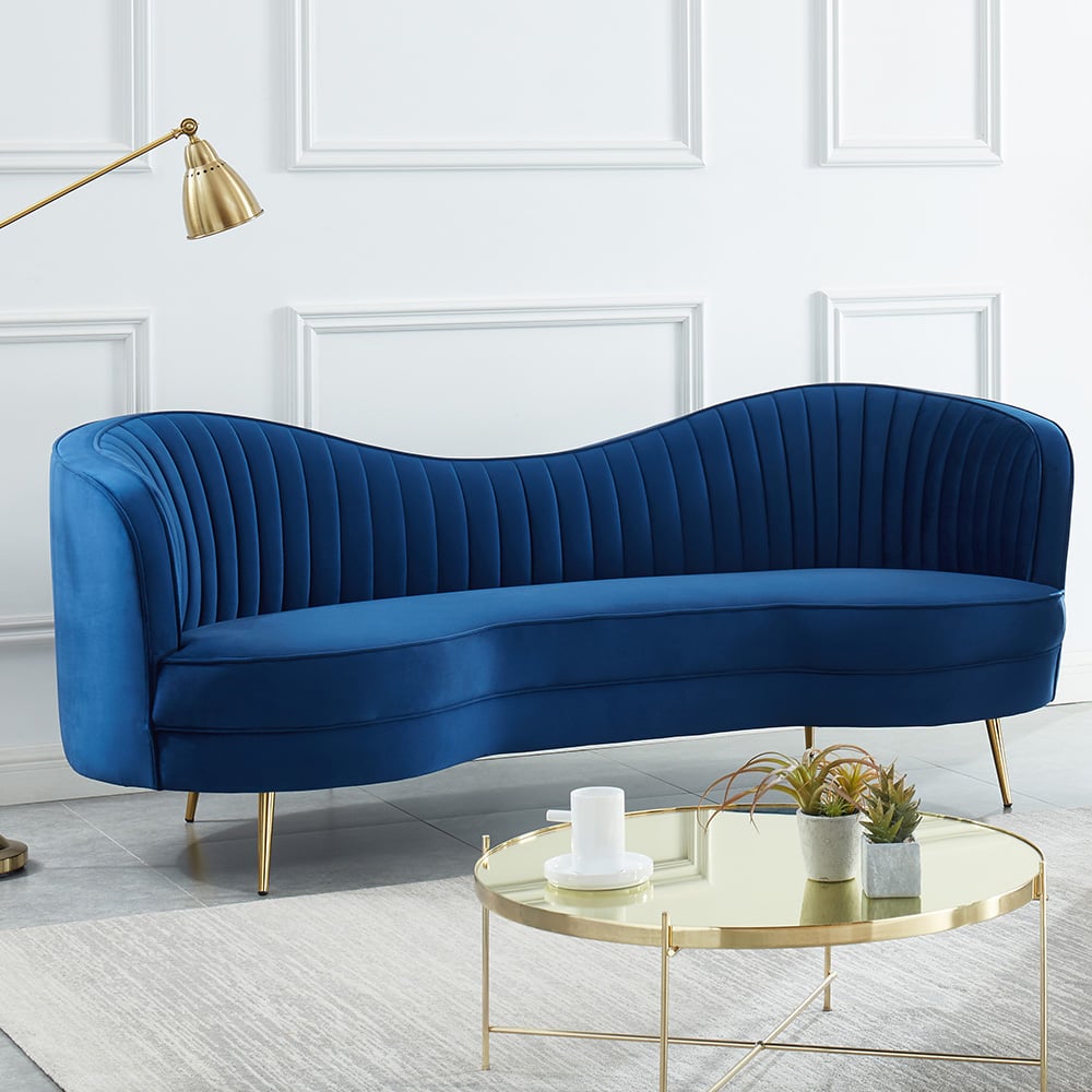 HMR - 72" Florie Luxury Vertical Channel Tufted Curved Performance Velvet Sofa in Blue