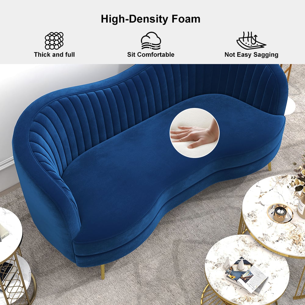 HMR - 72" Florie Luxury Vertical Channel Tufted Curved Performance Velvet Sofa in Blue