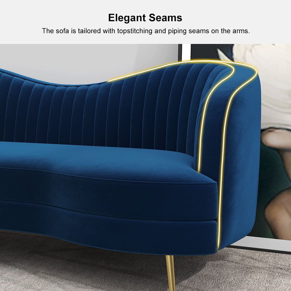 HMR - 72" Florie Luxury Vertical Channel Tufted Curved Performance Velvet Sofa in Blue