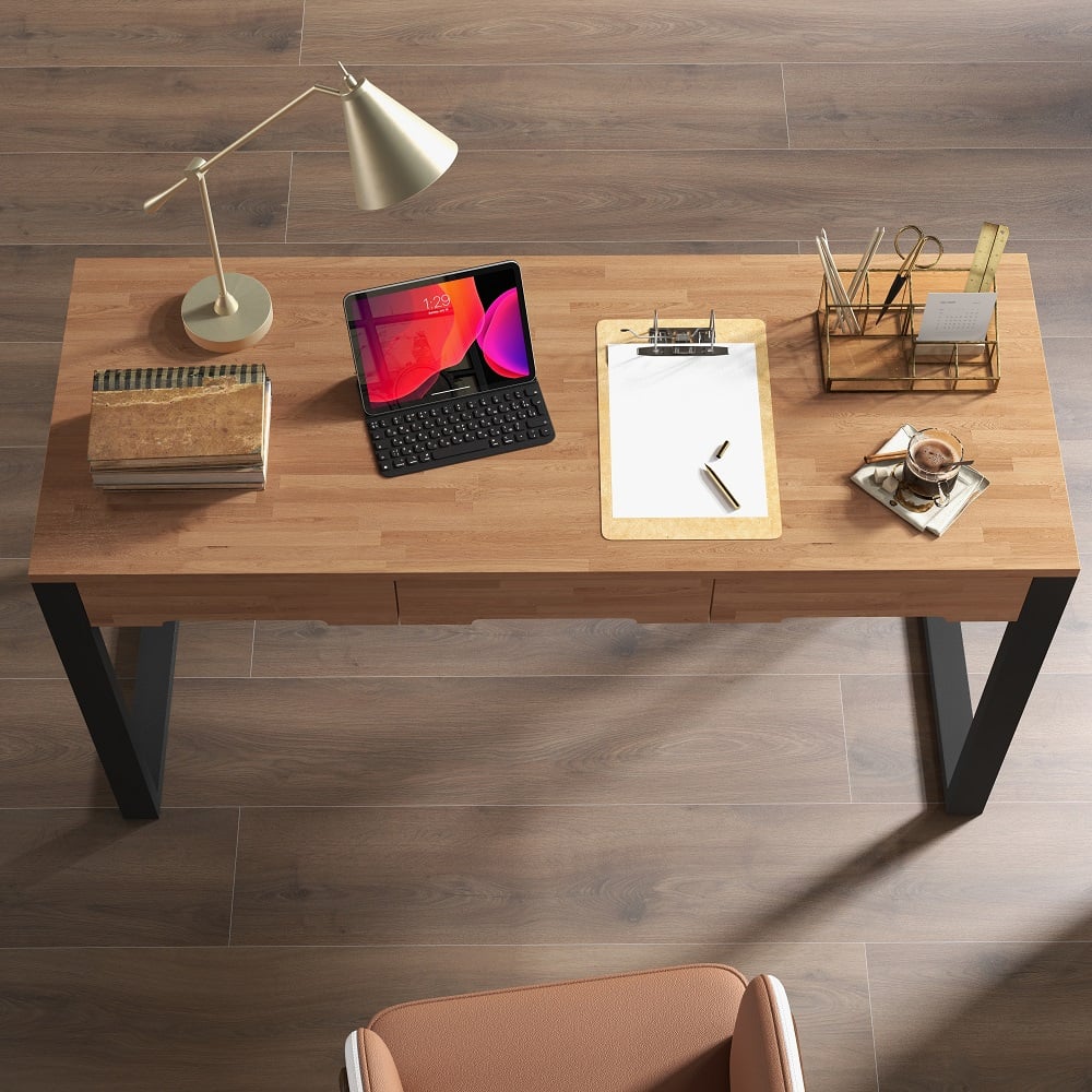 HMR - 47.2" Rustic Wooden Natural & Black Office Desk with Drawers & Metal Legs