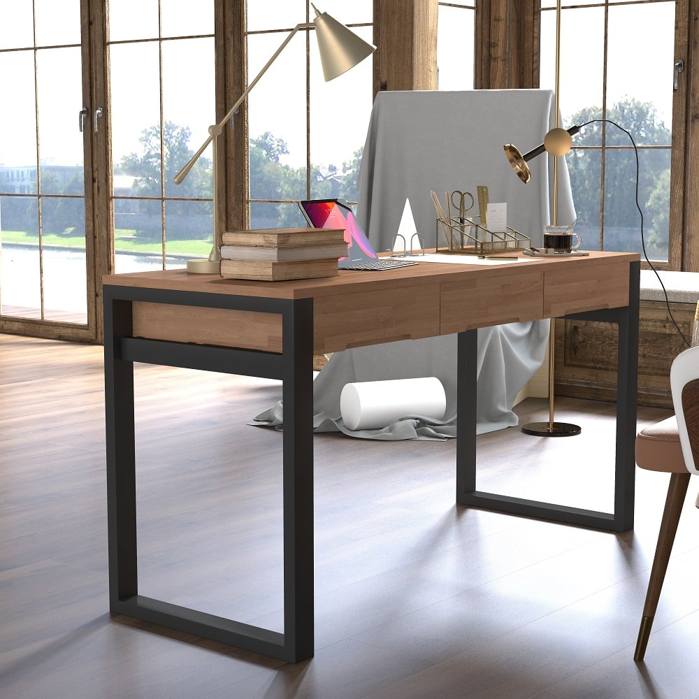 HMR - 47.2" Rustic Wooden Natural & Black Office Desk with Drawers & Metal Legs