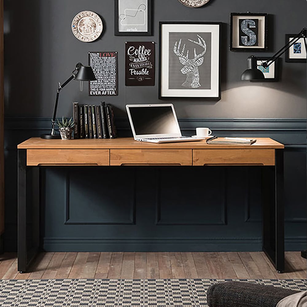HMR - 47.2" Rustic Wooden Natural & Black Office Desk with Drawers & Metal Legs