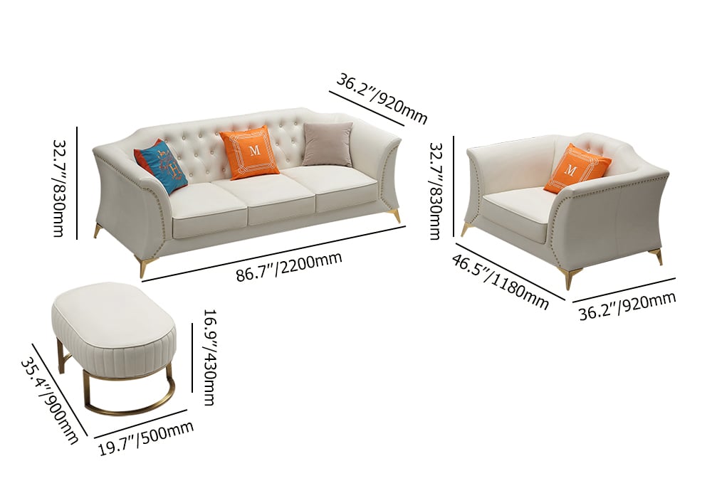 HMR - 3-Piece Modern Faux Leather Living Room Set Chesterfield Sofa in Beige with Stool