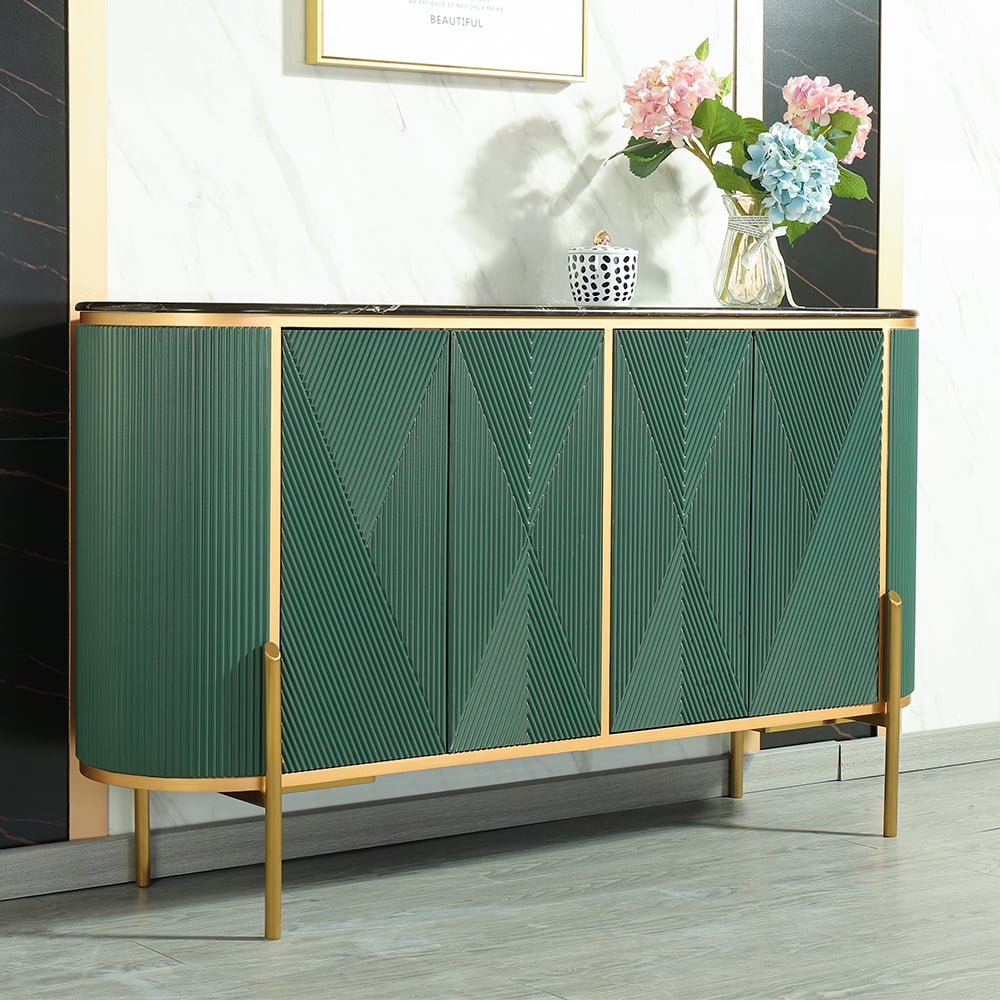 HMR - Green Sideboard Buffet Oval Faux Marble Top 59" Sideboard Cabinet 4 Doors & Shelves