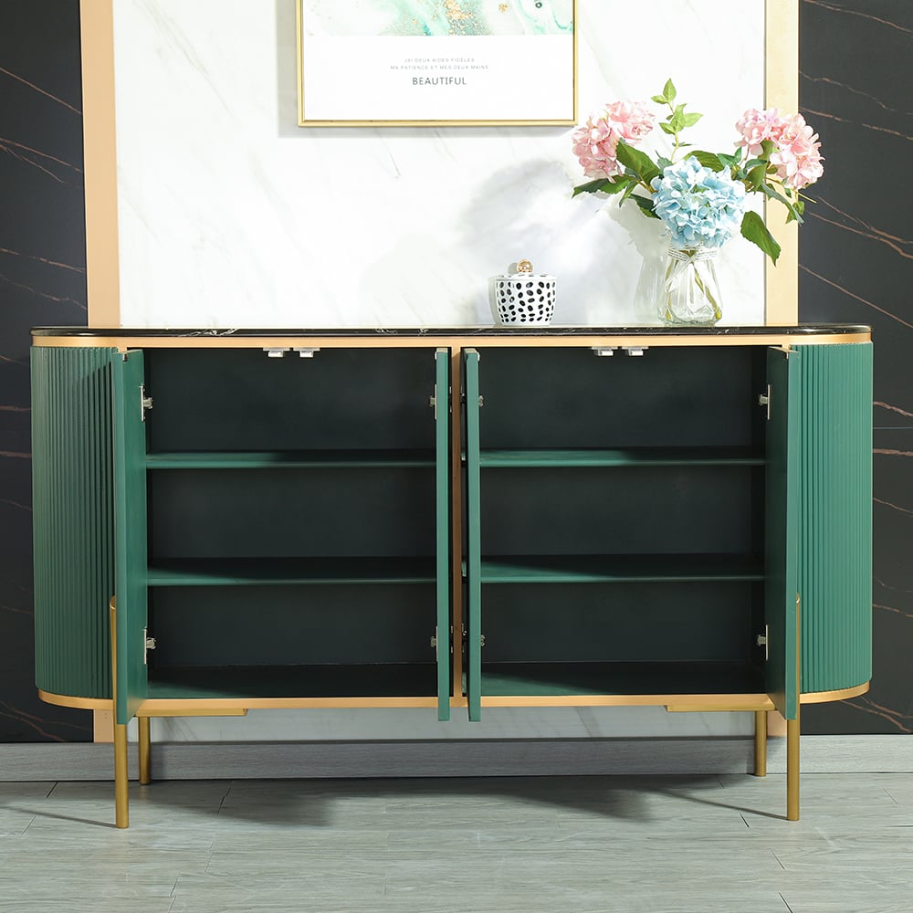 HMR - Green Sideboard Buffet Oval Faux Marble Top 59" Sideboard Cabinet 4 Doors & Shelves