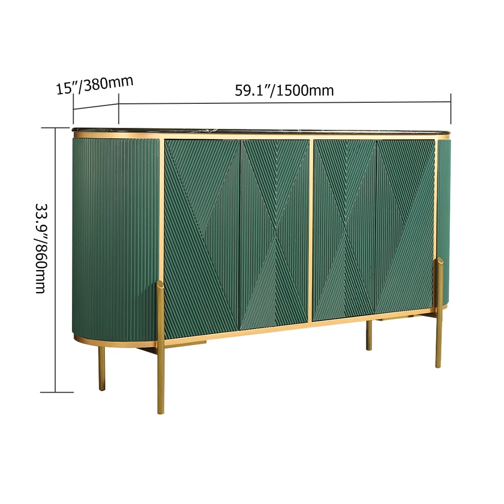 HMR - Green Sideboard Buffet Oval Faux Marble Top 59" Sideboard Cabinet 4 Doors & Shelves