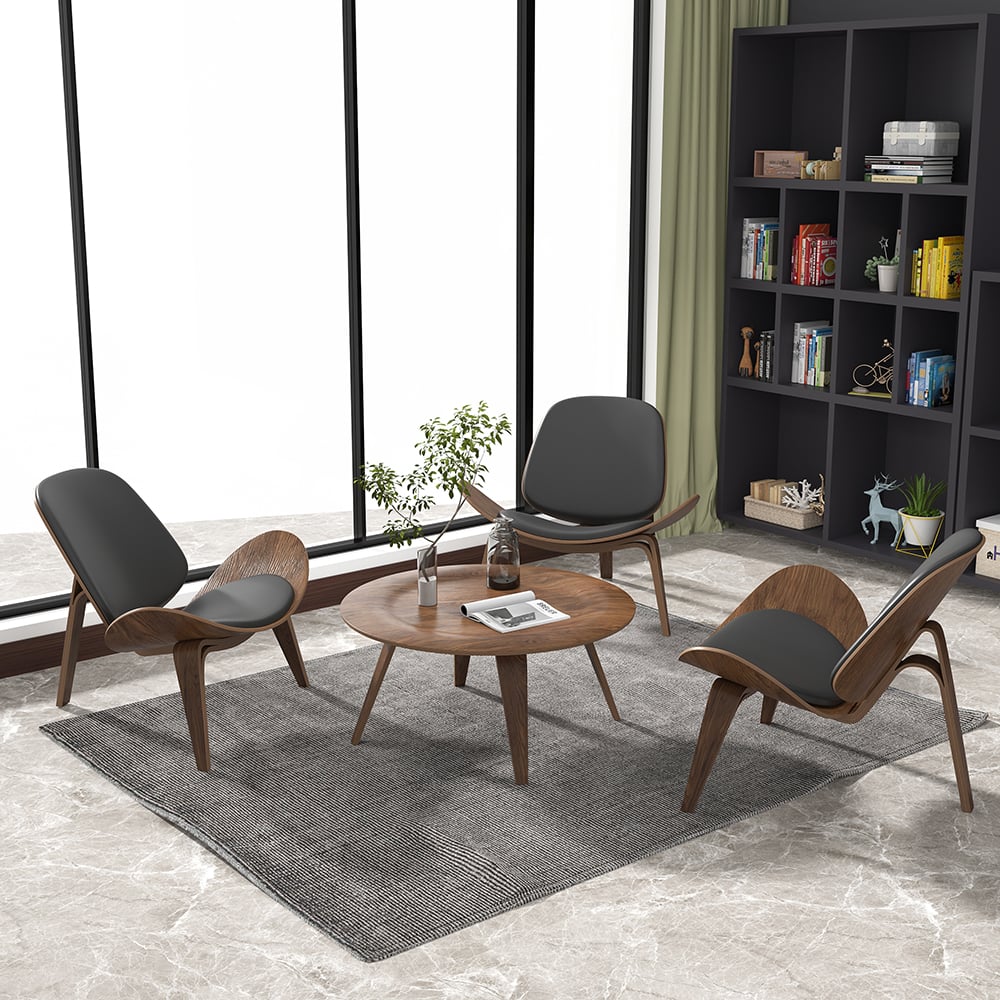 HMR - Mid-Century Modern Round Coffee Table with 4 Legs Walnut Small Accent Table