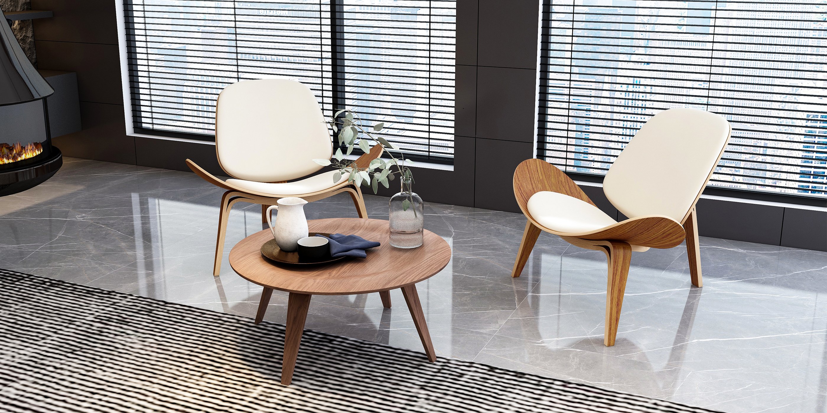 HMR - Mid-Century Modern Round Coffee Table with 4 Legs Walnut Small Accent Table