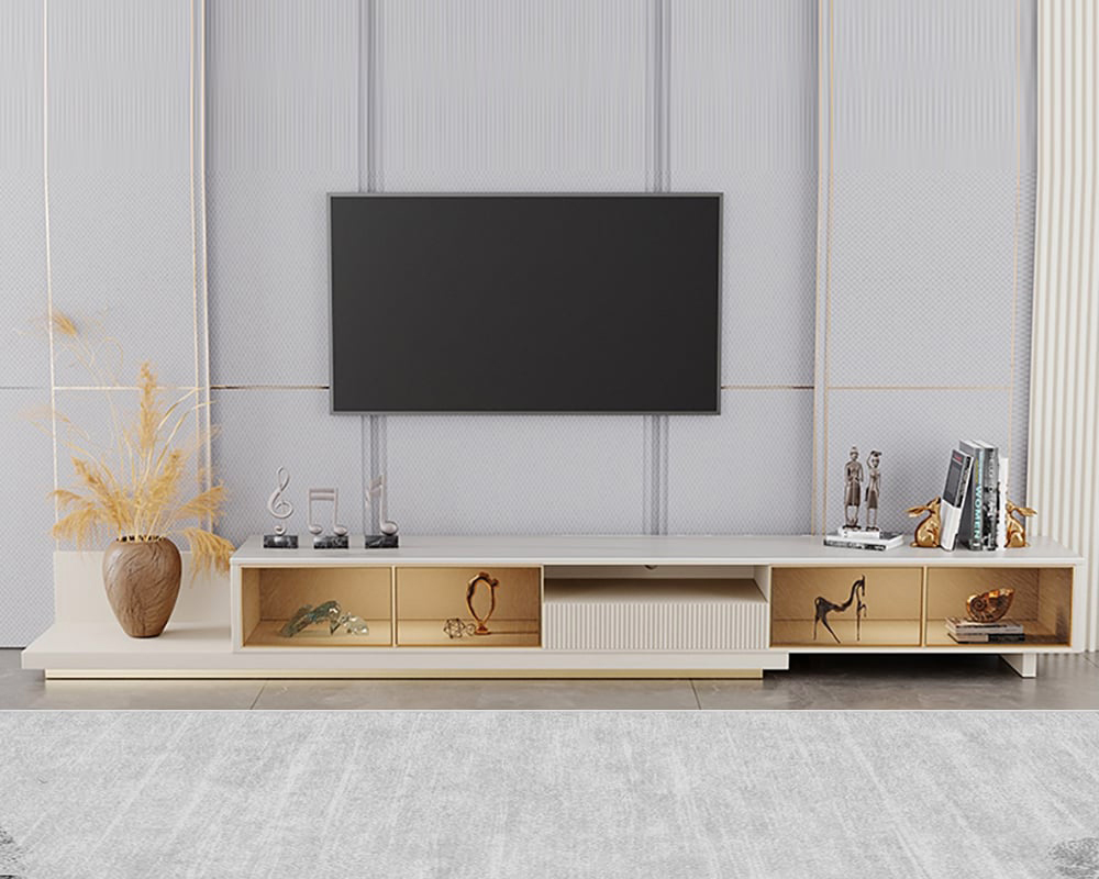 HMR 110.2" Modern Extendable TV Stand Glass Door Media Console with LED Light & Drawer - Light Khaki