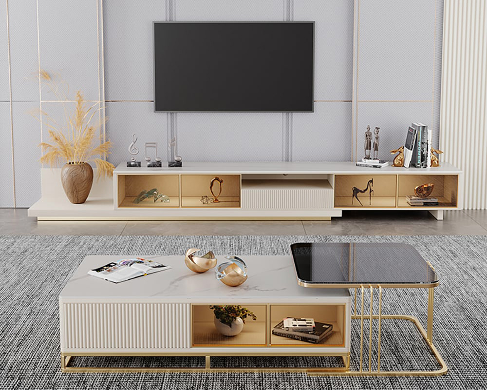 HMR 110.2" Modern Extendable TV Stand Glass Door Media Console with LED Light & Drawer - Light Khaki