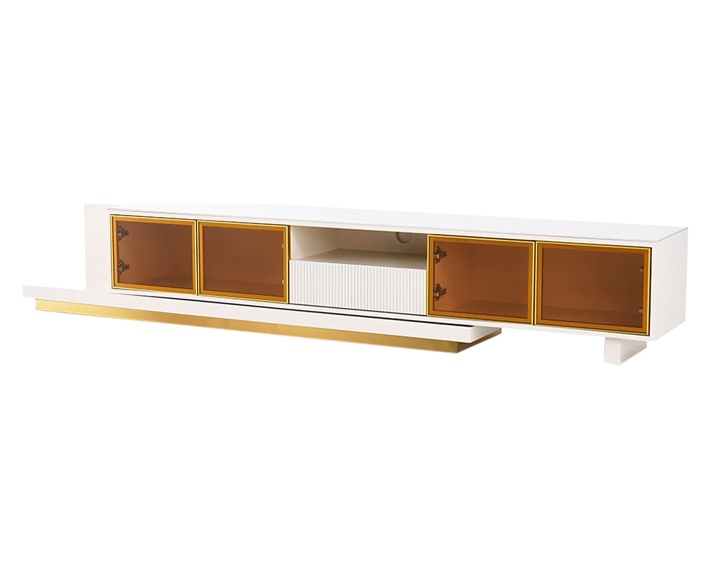 HMR 110.2" Modern Extendable TV Stand Glass Door Media Console with LED Light & Drawer - Light Khaki