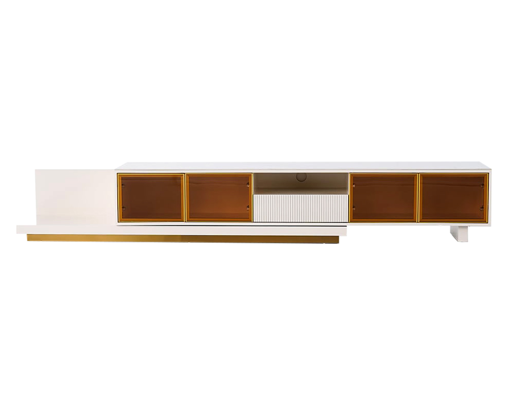 HMR 110.2" Modern Extendable TV Stand Glass Door Media Console with LED Light & Drawer - Light Khaki