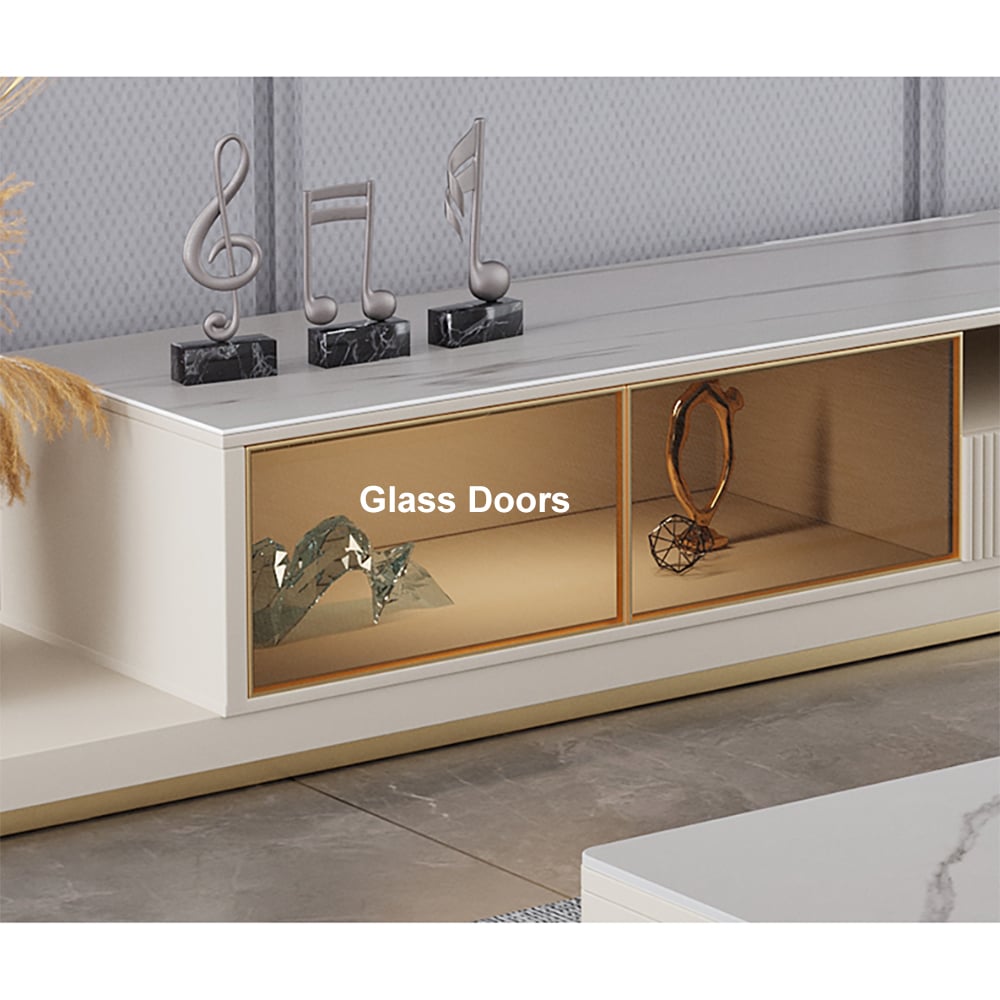 HMR 110.2" Modern Extendable TV Stand Glass Door Media Console with LED Light & Drawer - Light Khaki
