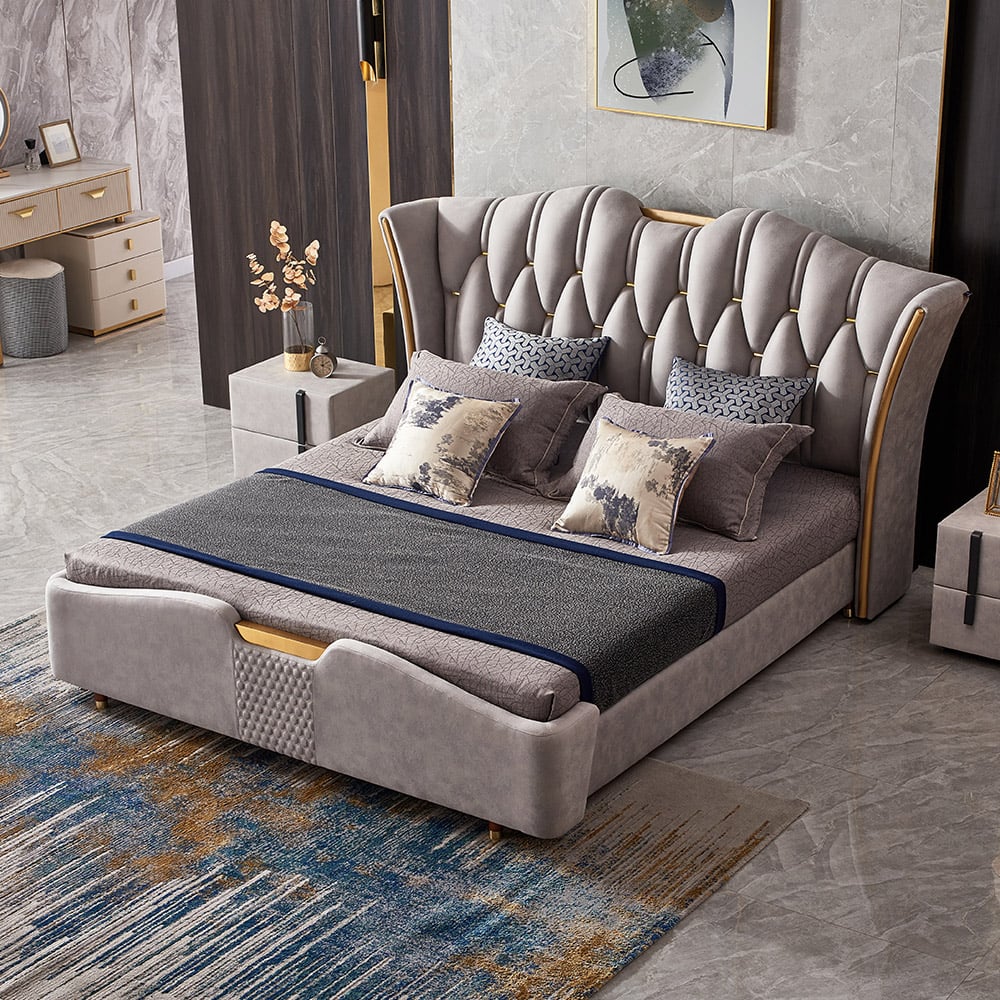 HMR Luxury Upholstered Bed Frame with Tufted Wingback Headboard - Light Gray, Queen Size