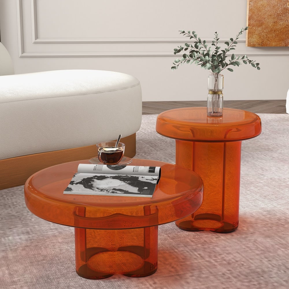 HMR - Modern Glass Coffee Table Set 2-Piece Cloud-Shaped in Orange