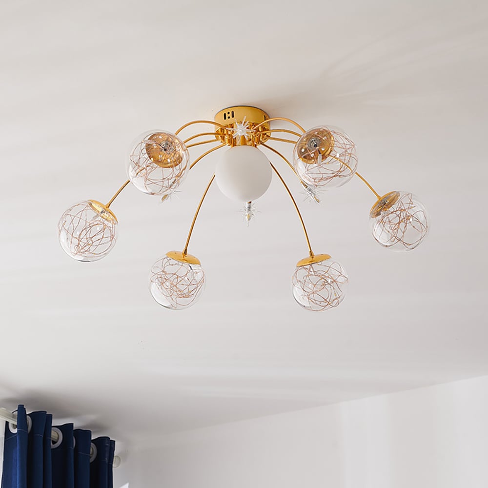 HMR - Modern Glass Globe 7-Light LED Flush Mount Light in Gold