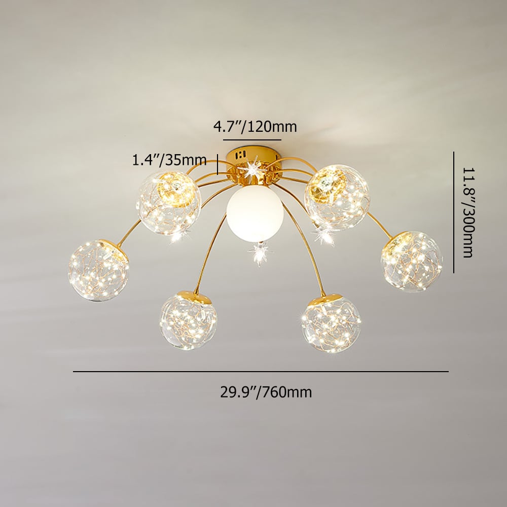 HMR - Modern Glass Globe 7-Light LED Flush Mount Light in Gold