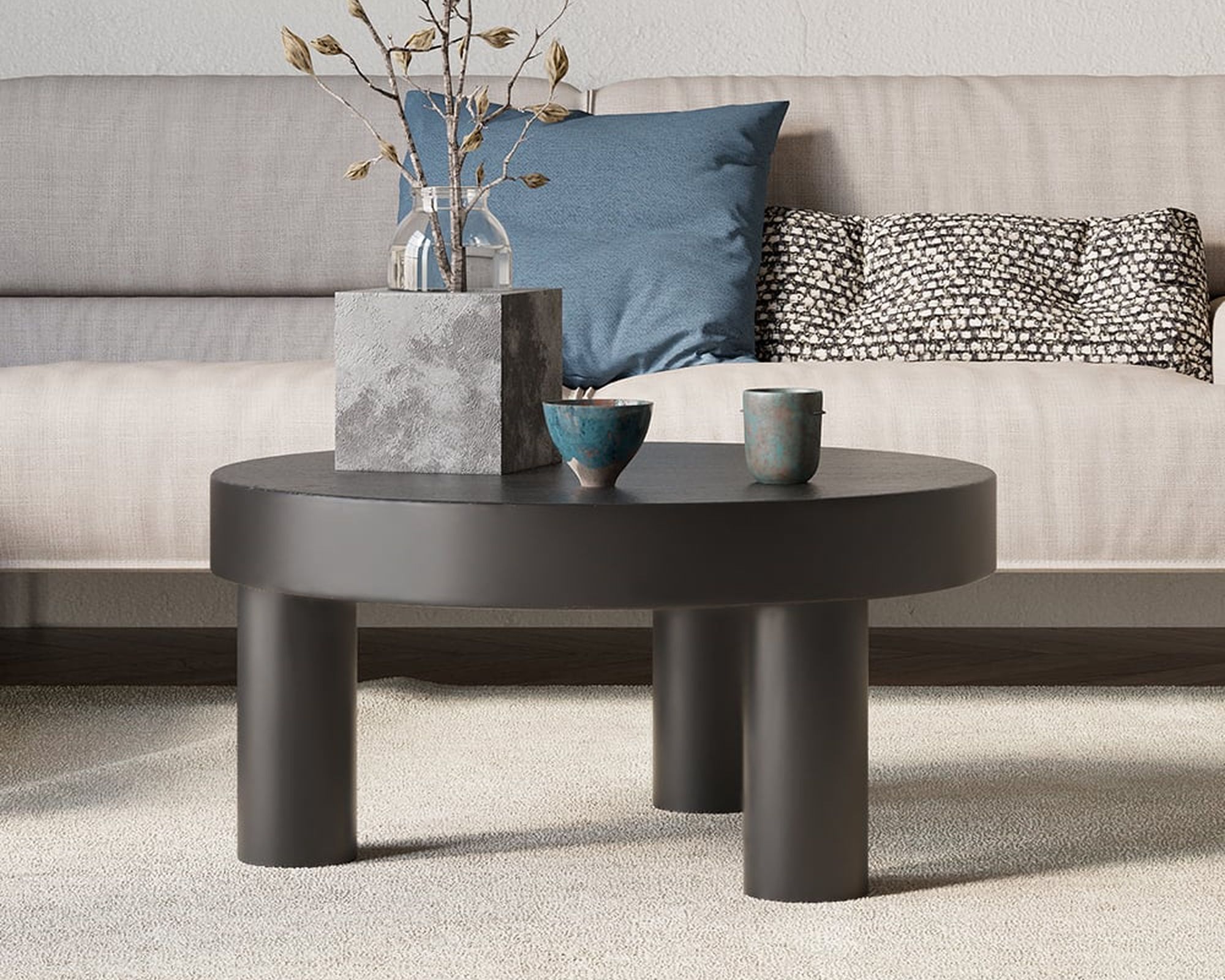 HMR - Threeens 23.6" Round Pine Wood Coffee Table Center Table for Living Room