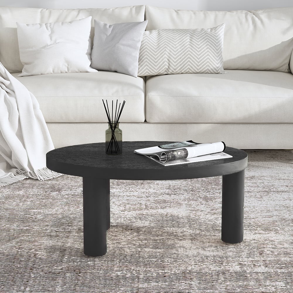 HMR - Threeens 35" Japandi Oval Black Pine Wood Coffee Table 3-Legged Accent Table