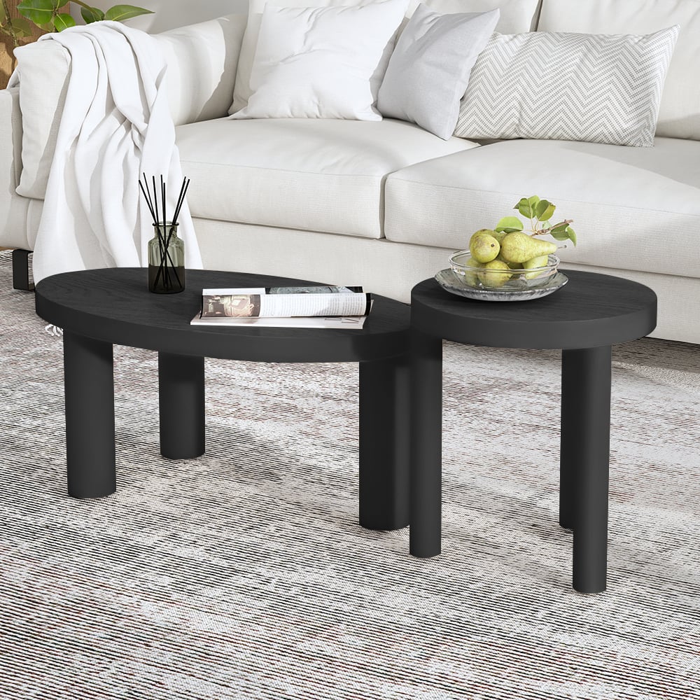 HMR - Threeens 35" Japandi Oval Black Pine Wood Coffee Table 3-Legged Accent Table