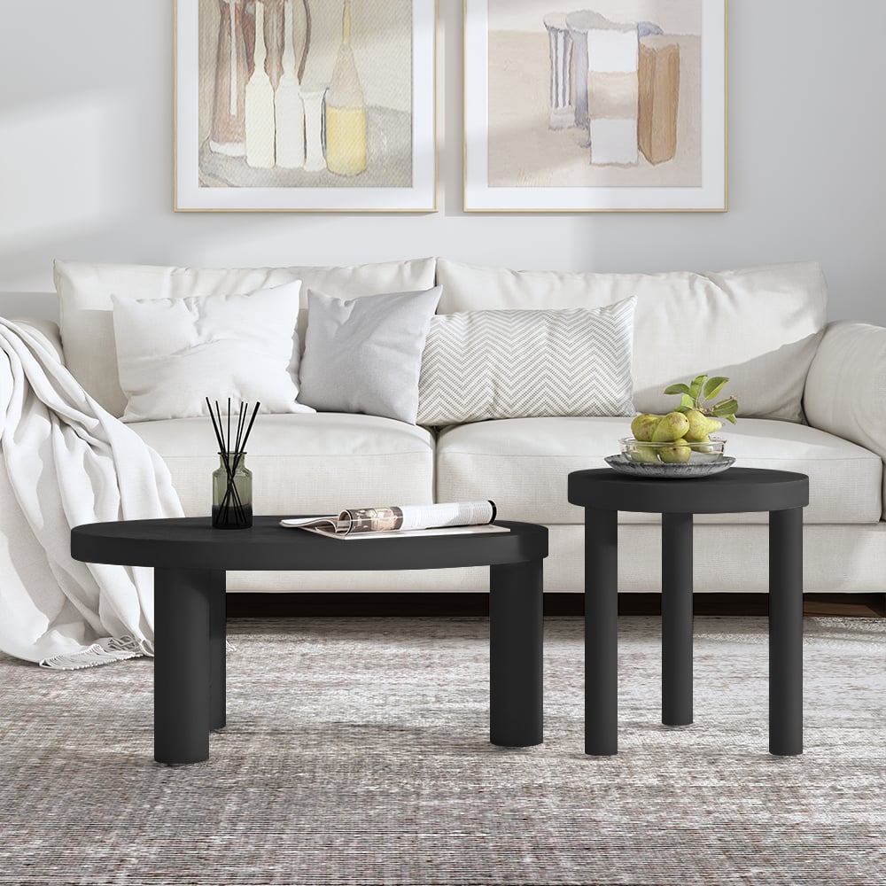 HMR - Threeens 35" Japandi Oval Black Pine Wood Coffee Table 3-Legged Accent Table