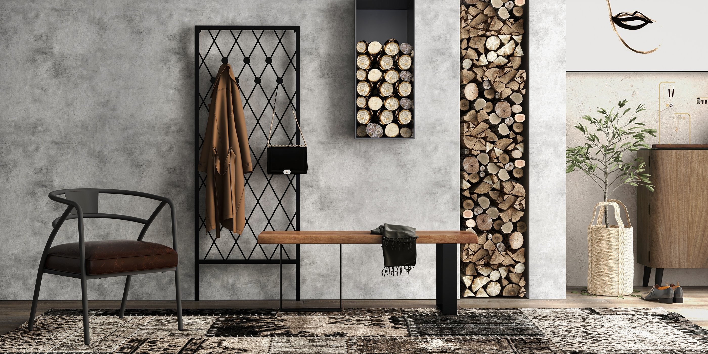 HMR - Rustic Natural Wood Bench Entryway Bench with Metal Legs