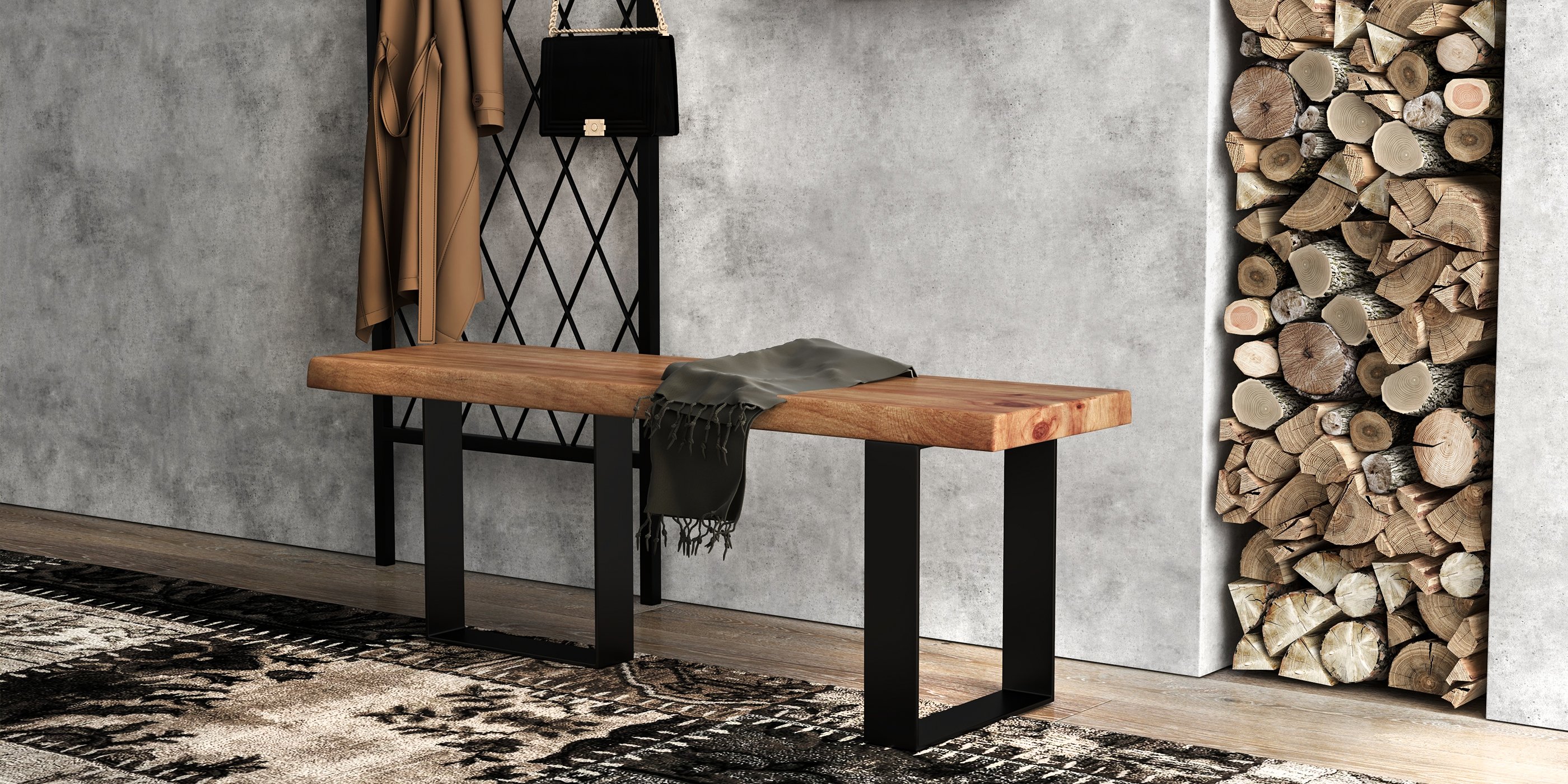 HMR - Rustic Natural Wood Bench Entryway Bench with Metal Legs